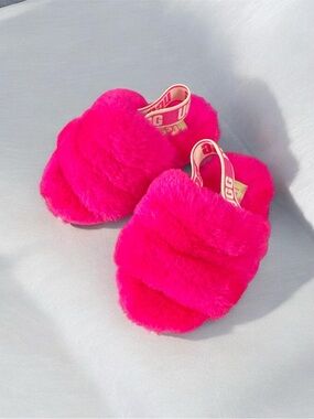 UGG Hot Pink Faux Fur Slide Sandals with Branded Heel Strap